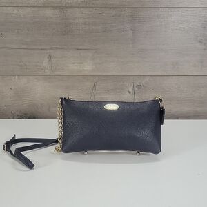 Coach Quinn Small Navy Blue Leather Crossbody Clutch with Gold Chain